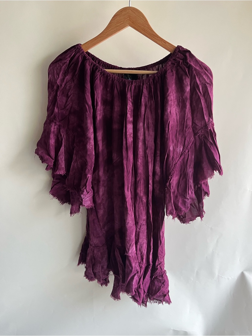 Blue Life Tie Dye 100% Rayon Blouse Maroon Purple Peasant Short Sleeve EUC